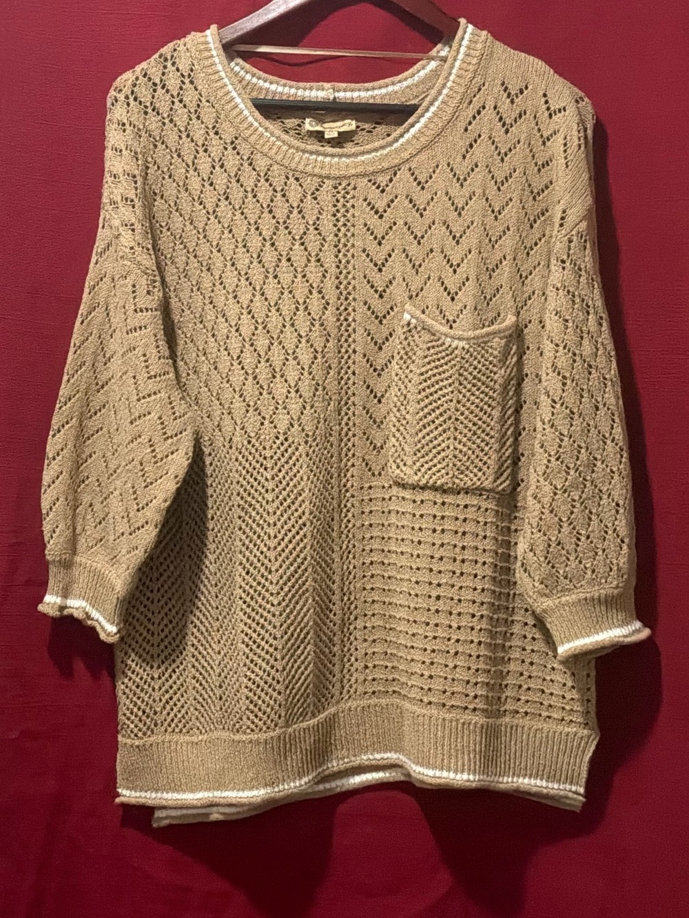 Democracy Tan Open-Knit Scoop-Neck Sweater with Pocket